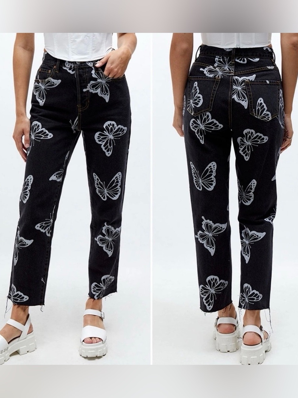 Pacsun High Rise Straight Leg Button Fly Butterfly Jeans Womans Sz 28 Festival
